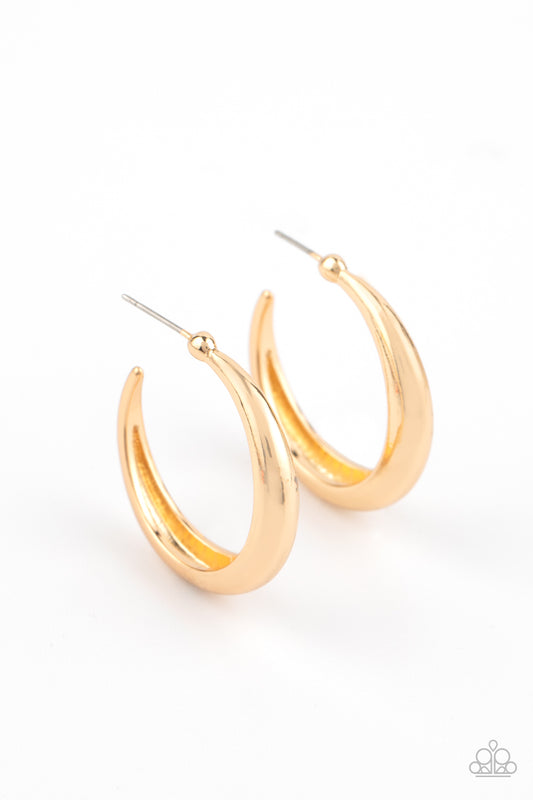 A thick gold bar curls into a dainty crescent shaped hoop for a classic finish. Earring attaches to a standard post fitting. Hoop measures approximately 1" in diameter.  Sold as one pair of hoop earrings.