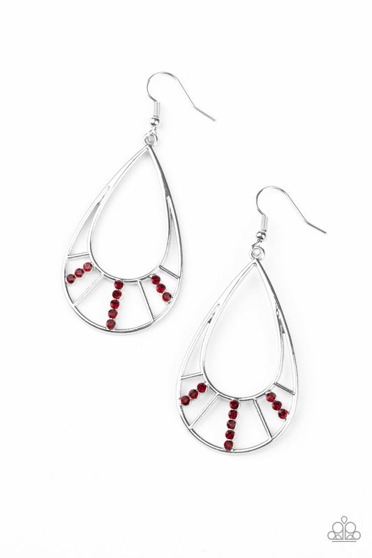 Sections of glittery pink rhinestones and shimmery silver bars flare out from the bottom of a glistening silver teardrop, coalescing into an airy frame. Earring attaches to a standard fishhook fitting.  Sold as one pair of earrings.