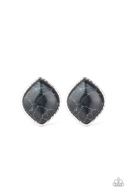 Featuring a faux marble finish, a smooth black stone is nestled inside a textured silver frame for a casual look. Earring attaches to a standard post fitting.  Sold as one pair of post earrings.