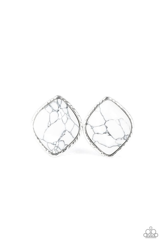 Featuring a faux marble finish, a refreshing white stone is nestled inside a textured silver frame for a casual look. Earring attaches to a standard post fitting.  Sold as one pair of post earrings.