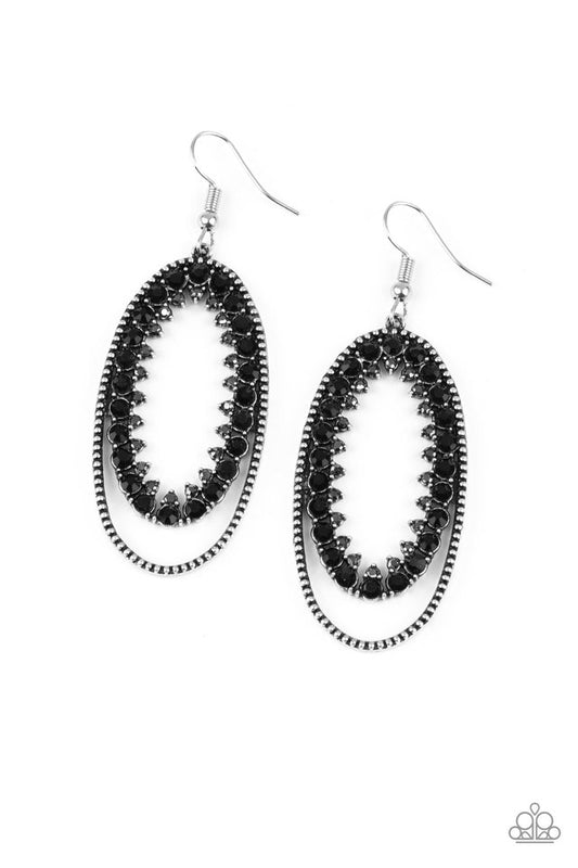 Ringed in a studded silver frame, glittery black and hematite rhinestones collect into a glittery lure for a refined flair. Earring attaches to a standard fishhook fitting.  Sold as one pair of earrings.