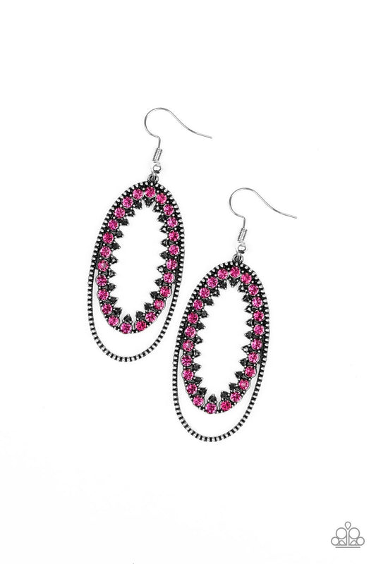 Ringed in a studded silver frame, glittery pink and hematite rhinestones collect into a glittery lure for a refined flair. Earring attaches to a standard fishhook fitting.  Sold as one pair of earrings.