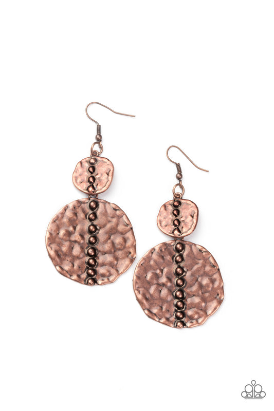 Embossed in tactile textures, a studded pair of asymmetrical copper discs connect into a rustic lure. Earring attaches to a standard fishhook fitting.  Sold as one pair of earrings.