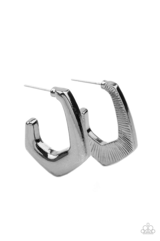 A glistening gunmetal bar curves into a hook shaped hoop, creating an edgy fashion. Earring attaches to a standard post fitting. Hoop measures approximately 3/4" in diameter.  Sold as one pair of hoop earrings.