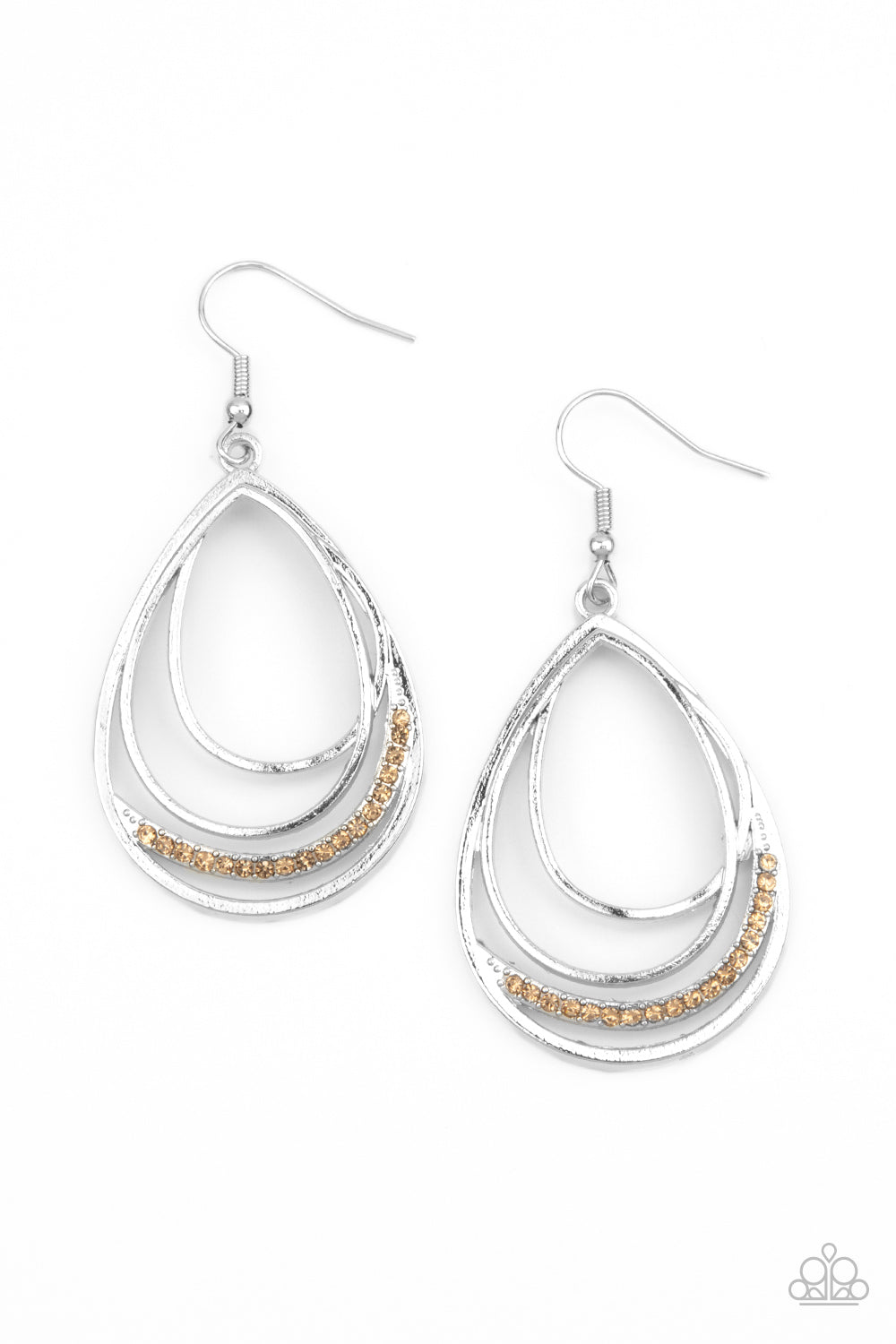 A row of golden topaz rhinestones is encrusted along the bottom of an overlapping silver teardrop frame, creating a glamorous glow. Earring attaches to a standard fishhook fitting.  Sold as one pair of earrings.
