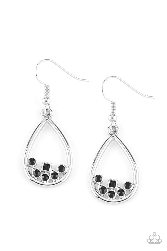 Varying in shape, a collection of dainty black rhinestones collect at the bottom of an airy silver teardrop frame for a timeless finish. Earring attaches to a standard fishhook fitting.  Sold as one pair of earrings.