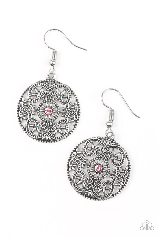 Regal silver filigree climbs a silver hoop, creating a frilly frame. A dainty pink rhinestone dots the center for a whimsical finish. Earring attaches to a standard fishhook fitting.  Sold as one pair of earrings.