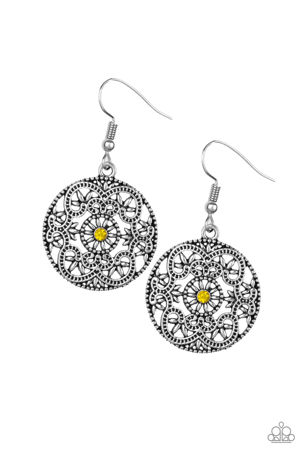 Regal silver filigree climbs a silver hoop, creating a frilly frame. A dainty yellow rhinestone dots the center for a whimsical finish. Earring attaches to a standard fishhook fitting.  Sold as one pair of earrings.