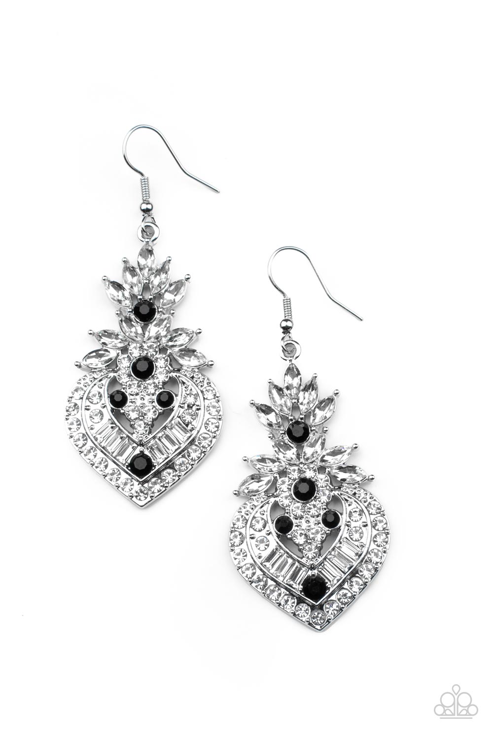 Dotted with dainty black rhinestones, a series of round, marquise, and emerald cut white rhinestones stack into decorative frame for a dramatic finish. Earring attaches to a standard fishhook fitting.  Sold as one pair of earrings.
