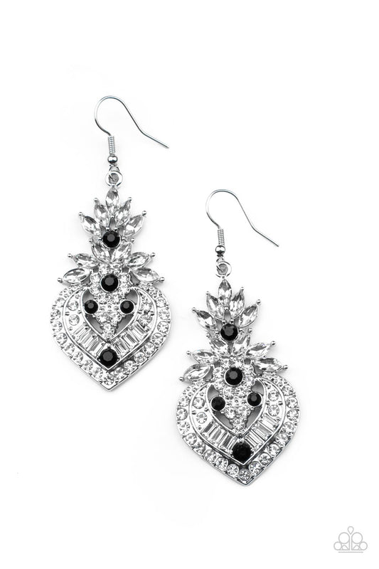 Dotted with dainty black rhinestones, a series of round, marquise, and emerald cut white rhinestones stack into decorative frame for a dramatic finish. Earring attaches to a standard fishhook fitting.  Sold as one pair of earrings.