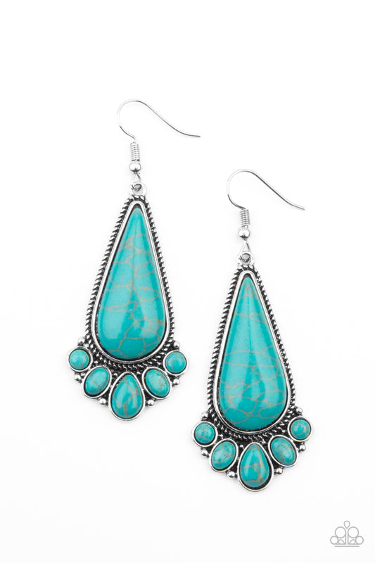 A dainty collection of round, oval, and teardrop turquoise stones fan out from the bottom of an oversized teardrop turquoise frame for a simple seasonal flair. Earring attaches to a standard fishhook fitting.  Sold as one pair of earrings.