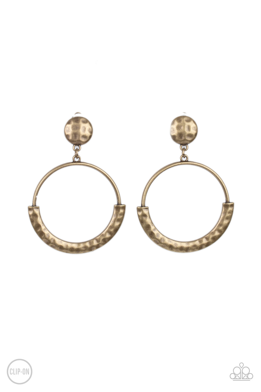 The bottom of an antiqued brass hoop is covered with a bowing hammered frame at the bottom of a hammered brass disc, creating a rustic lure. Earring attaches to a standard clip-on fitting.  Sold as one pair of clip-on earrings.