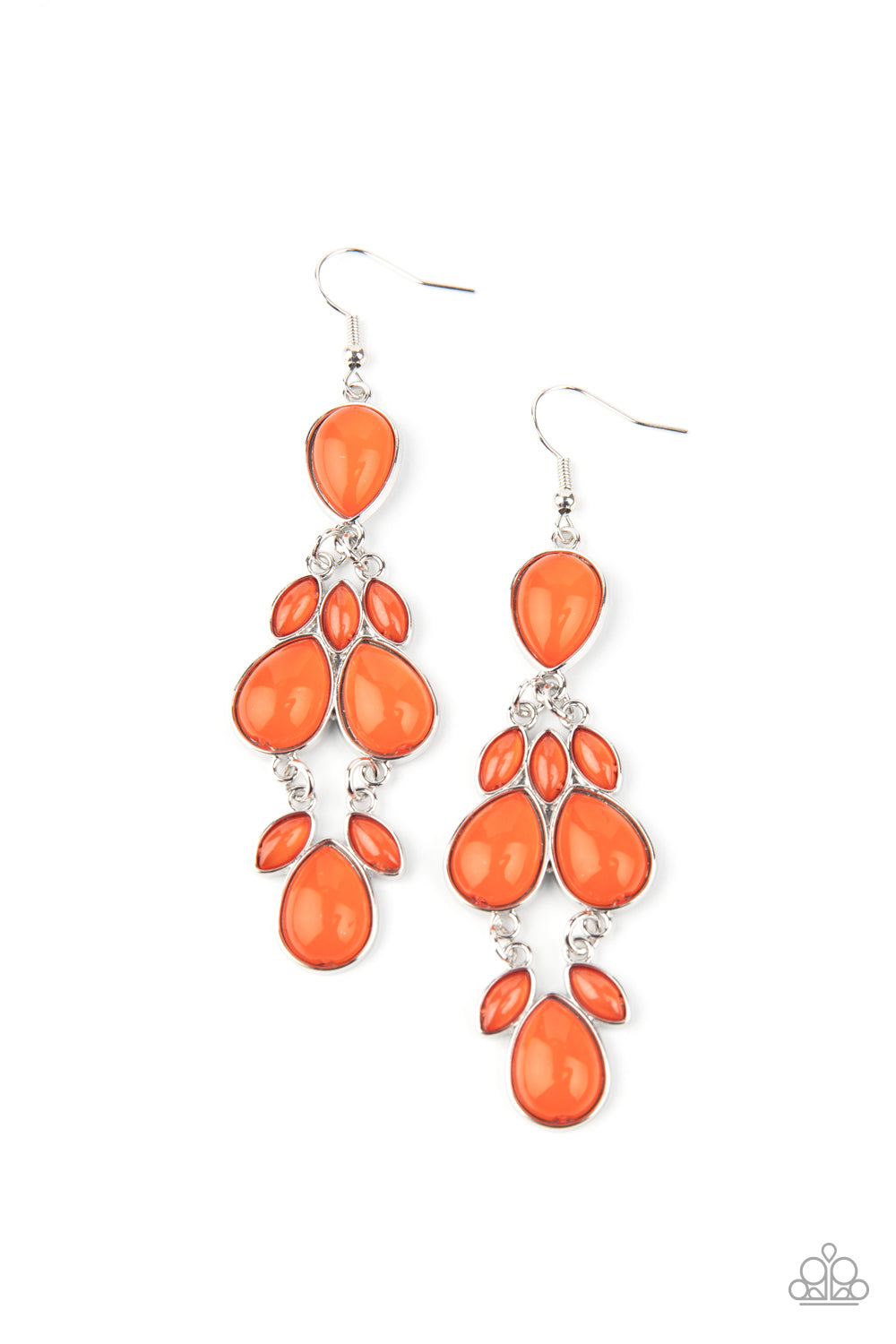 Encased in sleek silver fittings, a glassy collection of marquise and teardrop Amberglow beads delicately connect into a dramatically colorful lure. Earring attaches to a standard fishhook fitting.  Sold as one pair of earrings.