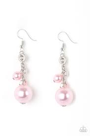 A bubbly pink pearl, glassy crystal-like beads, and shimmery silver cube beads trickle along a glistening silver chain. An oversized pink pearl swings from the bottom of the chain, creating a dramatic lure. Earring attaches to a standard fishhook fitting.  Sold as one pair of earrings.