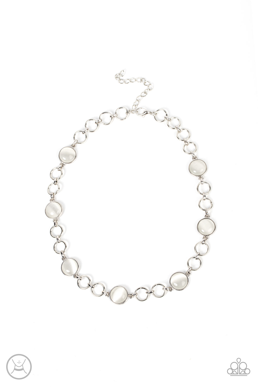 Pairs of silver hoops and white cat's eye dotted silver frames delicately link around the neck, creating a dreamy glow. Features an adjustable clasp closure.  Sold as one individual choker necklace. Includes one pair of matching earrings.