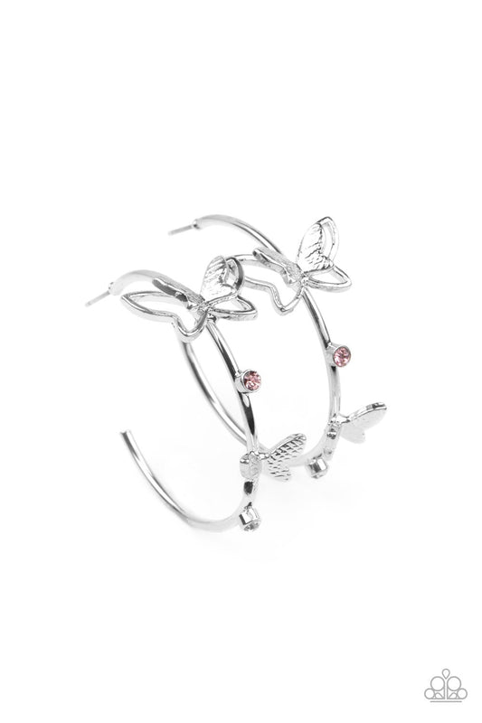 Women's silver hoop earrings with butterflies and pink rhinestones