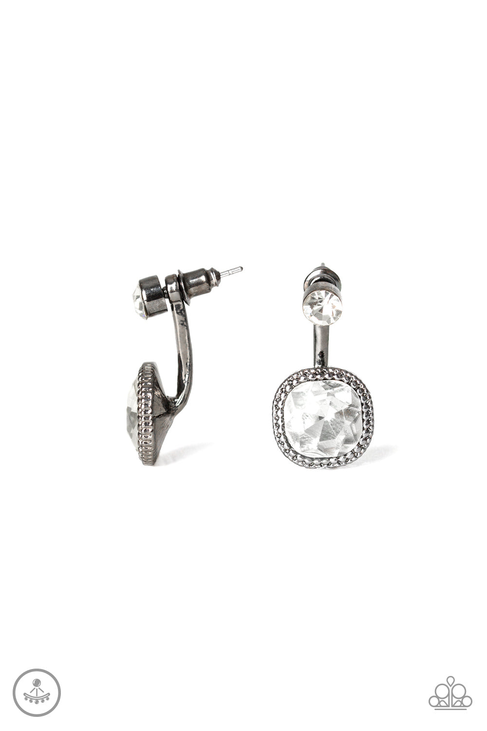 A solitaire white rhinestone attaches to a double-sided post, designed to fasten behind the ear. Featuring a faceted white gem, the glitzy double-sided post peeks out beneath the ear for a refined look. Earring attaches to a standard post fitting.  Sold as one pair of double-sided post earrings.