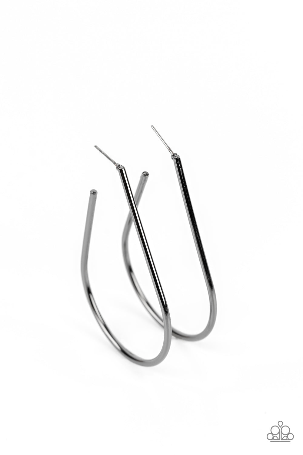 A glistening gunmetal bar sleekly curls into an elongated hoop for a chic look. Earring attaches to a standard post fitting. Hoop measures approximately 1 1/2" in diameter.  Sold as one pair of hoop earrings.