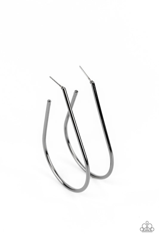 A glistening gunmetal bar sleekly curls into an elongated hoop for a chic look. Earring attaches to a standard post fitting. Hoop measures approximately 1 1/2" in diameter.  Sold as one pair of hoop earrings.