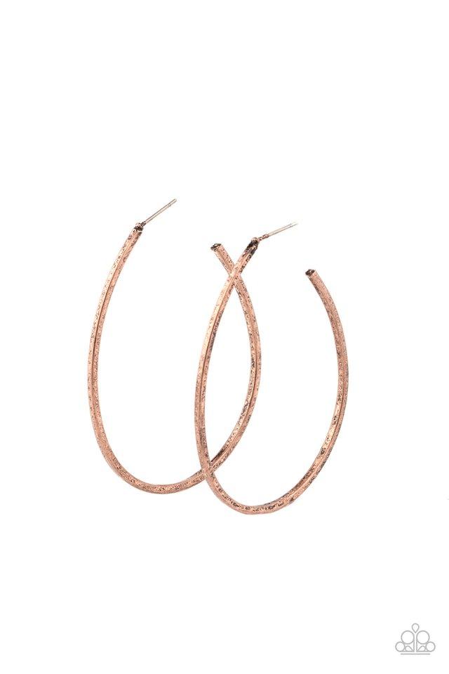 An antiqued copper bar unexpectedly curls into an edgy shaped hoop for an abstract look. Earring attaches to a standard post fitting. Hoop measures approximately 1 3/4" in diameter.  Sold as one pair of hoop earrings.