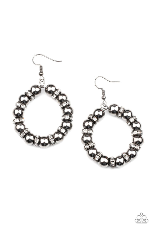Glistening gunmetal beads and iridescent rhinestone encrusted gunmetal rings alternate along a dainty wire hoop, creating a glamorous display. Earring attaches to a standard fishhook fitting.  Sold as one pair of earrings.