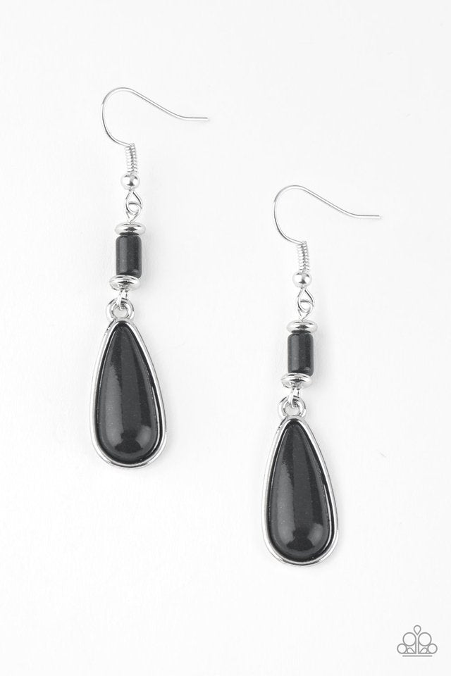 Chiseled into a tranquil teardrop, an earthy black stone bead swings from the bottom stack of silver and stone beads, creating a seasonal lure. Earring attaches to a standard fishhook fitting.  Sold as one pair of earrings.