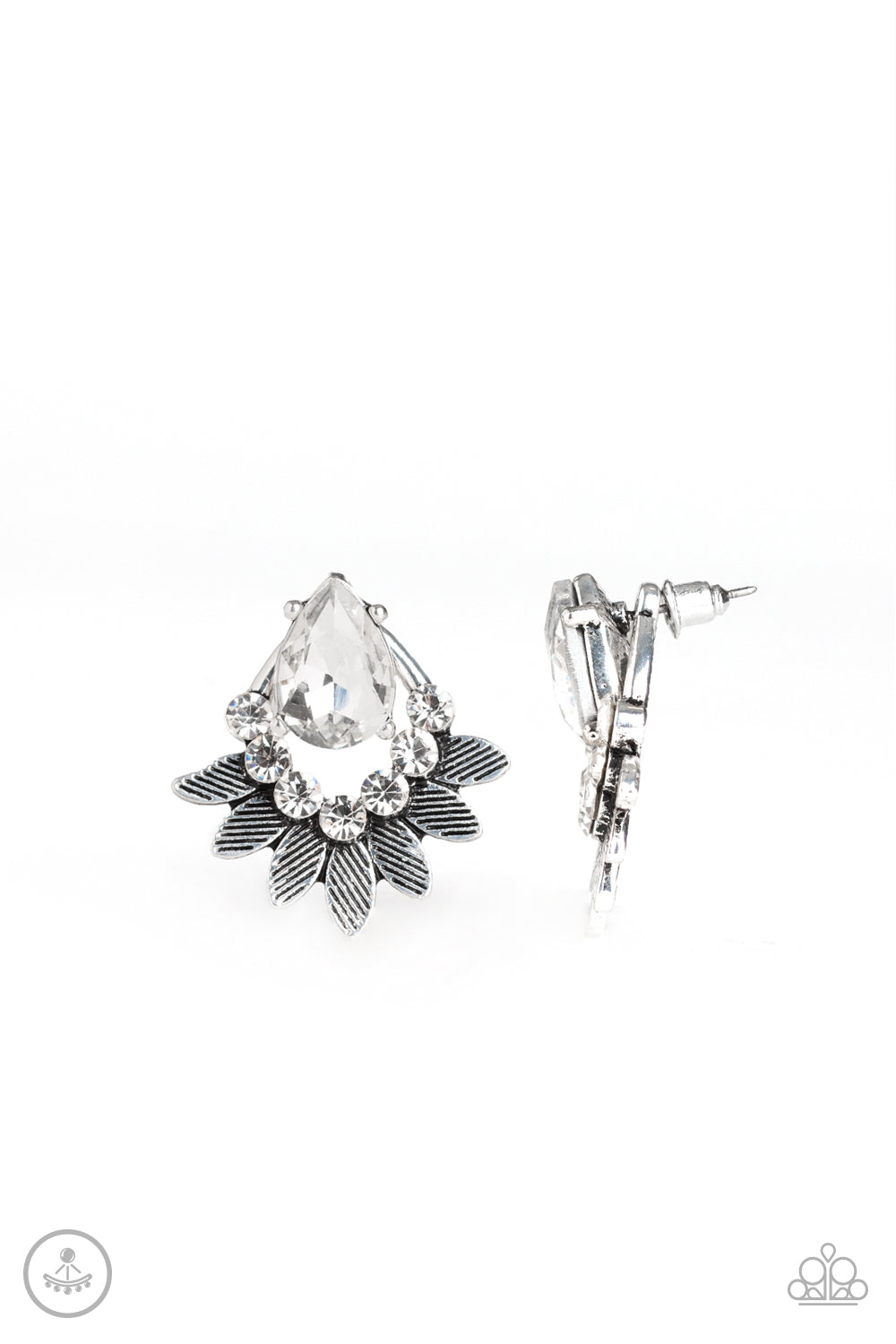 A solitaire white teardrop gem attaches to a double-sided post designed to fasten behind the ear. Dotted in dainty white rhinestones, a leafy silver double-sided frame peeks out beneath the ear for an eye-catching look. Earring attaches to a standard post fitting.  Sold as one pair of double-sided post earrings.