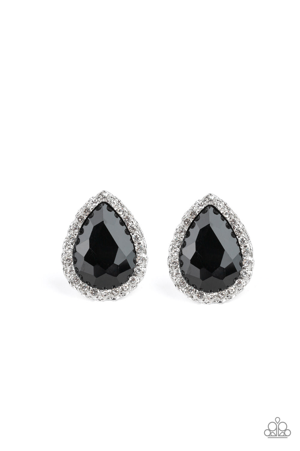 Encrusted in a ring of glittery white rhinestones, an overly dramatic black teardrop gem is pressed into a textured silver frame for a glamorous look. Earring attaches to a standard post fitting.  Sold as one pair of post earrings.