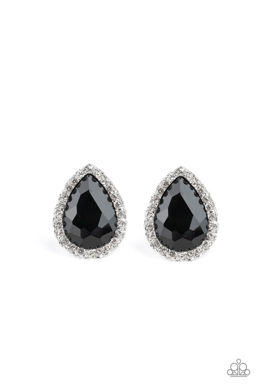 Encrusted in a ring of glittery white rhinestones, an overly dramatic black teardrop gem is pressed into a textured silver frame for a glamorous look. Earring attaches to a standard post fitting.  Sold as one pair of post earrings.