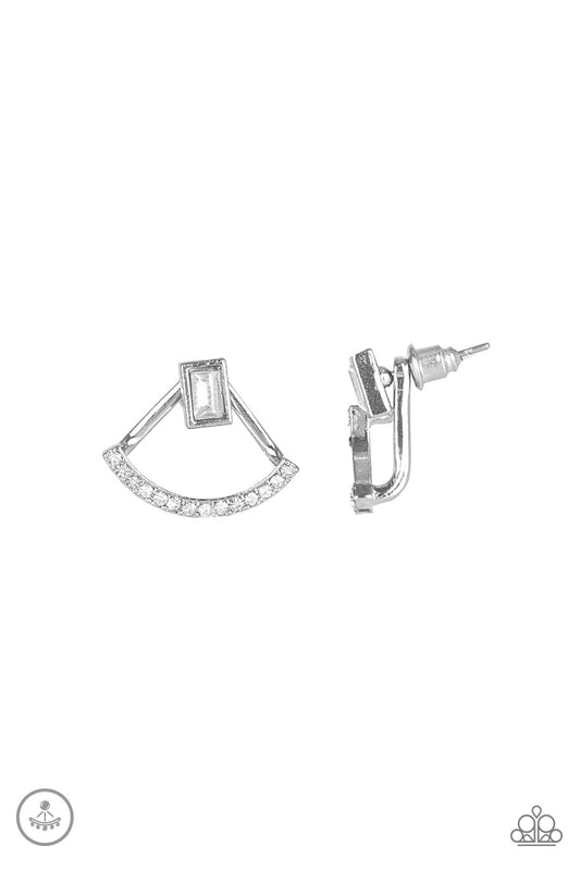 A solitaire emerald-cut rhinestone attaches to a double-sided post, designed to fasten behind the ear. Radiating with a bowing row of white rhinestones, the double sided-post peeks out beneath the ear for an edgy look. Earring attaches to a standard post fitting.  Sold as one pair of double-sided post earrings.