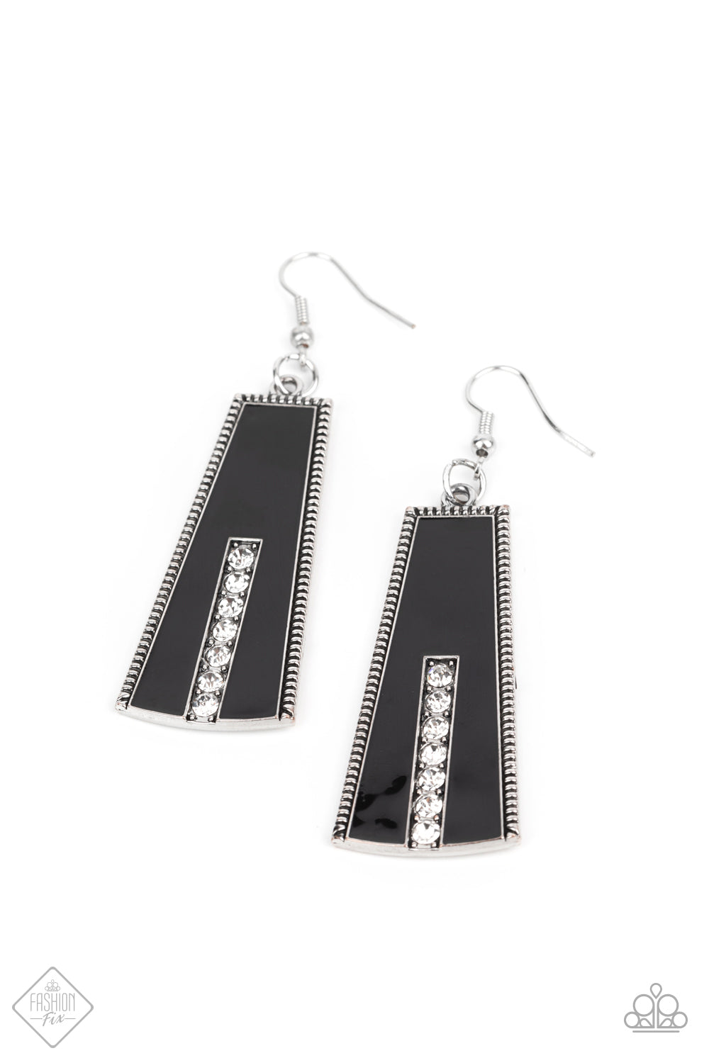 A flared frame painted in a high sheen black finish is bordered by subtle studded texture as it falls from the ear. A row of glittery rhinestones runs up the center of the frame, adding a dramatic touch of sparkle. Earring attaches to a standard fishhook fitting.  Sold as one pair of earrings.
