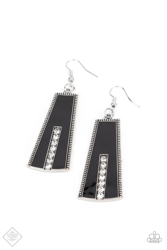 A flared frame painted in a high sheen black finish is bordered by subtle studded texture as it falls from the ear. A row of glittery rhinestones runs up the center of the frame, adding a dramatic touch of sparkle. Earring attaches to a standard fishhook fitting.  Sold as one pair of earrings.