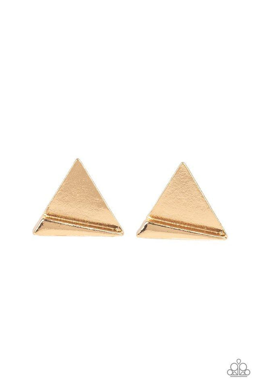 An angular frame is pressed into the bottom of a flat gold triangle, coalescing into an edgy frame. Earring attaches to a standard post fitting.  Sold as one pair of post earrings