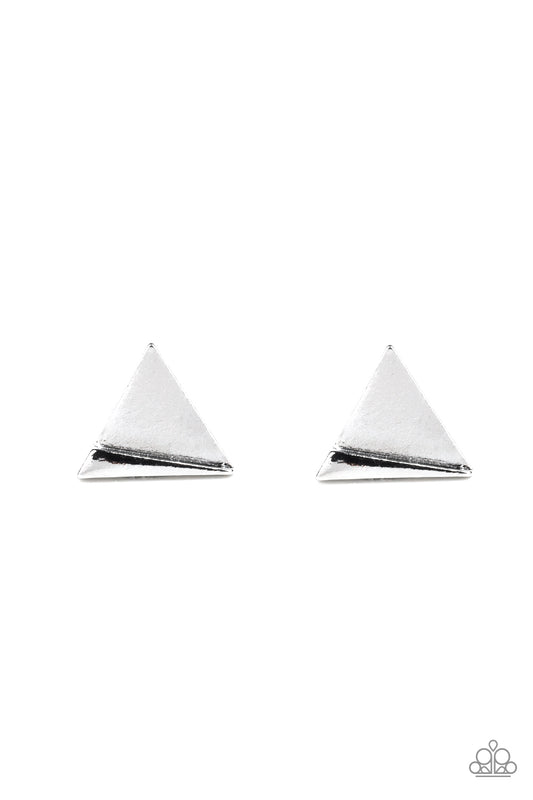 An angular frame is pressed into the bottom of a flat silver triangle, coalescing into an edgy frame. Earring attaches to a standard post fitting.  Sold as one pair of post earrings.