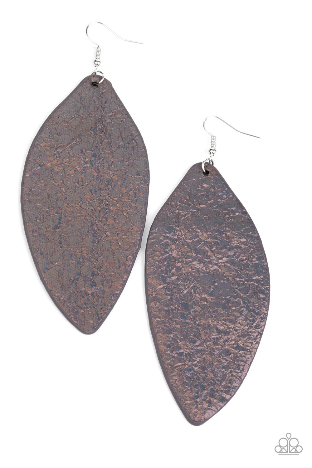 Featuring an oil spill iridescence, a leaf-like leather frame swings from the ear for a colorfully retro look. Earring attaches to a standard fishhook fitting.

Sold as one pair of earrings.