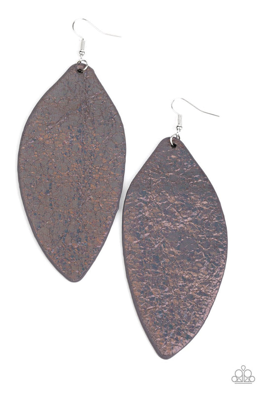 Featuring an oil spill iridescence, a leaf-like leather frame swings from the ear for a colorfully retro look. Earring attaches to a standard fishhook fitting.

Sold as one pair of earrings.