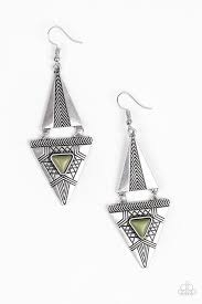 Stamped in tribal inspired patterns, two triangular frames connect into a bold lure. Chiseled into a matching triangle, an earthy green stone is pressed into the bottom frame for a seasonal finish. Earring attaches to a standard fishhook fitting.

Sold as one pair of earrings.