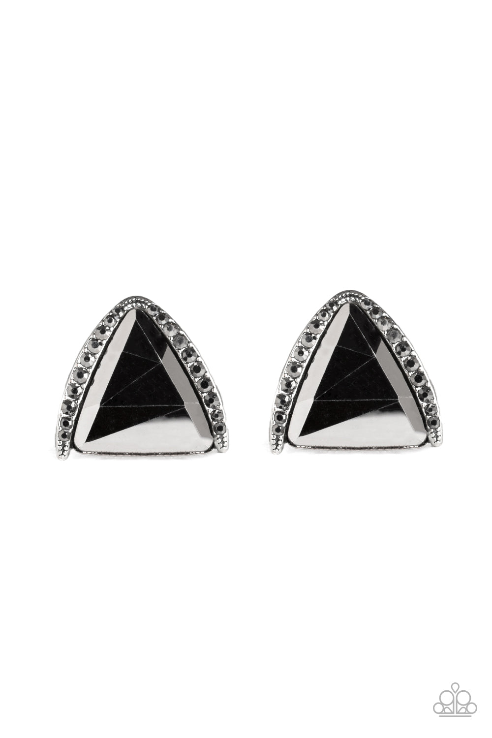 Featuring a regal triangular cut, an oversized hematite gem is nestled in an angled silver frame radiating with dainty hematite rhinestones for a glamorous look. Earring attaches to a standard post fitting.  Sold as one pair of post earrings.