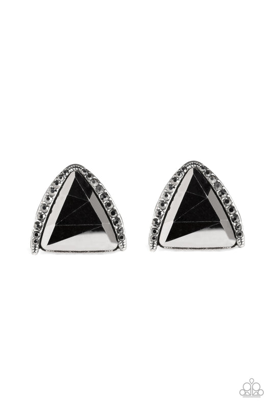 Featuring a regal triangular cut, an oversized hematite gem is nestled in an angled silver frame radiating with dainty hematite rhinestones for a glamorous look. Earring attaches to a standard post fitting.  Sold as one pair of post earrings.