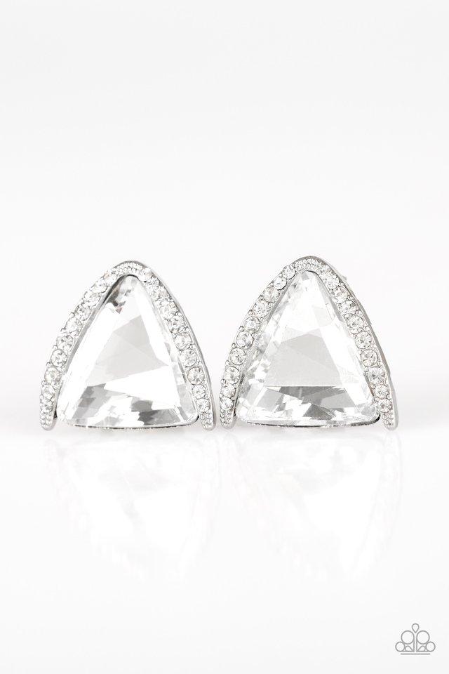 Featuring a regal triangular cut, an oversized white gem is nestled in an angled silver frame radiating with dainty white rhinestones for a glamorous look. Earring attaches to a standard post fitting.  Sold as one pair of post earrings.