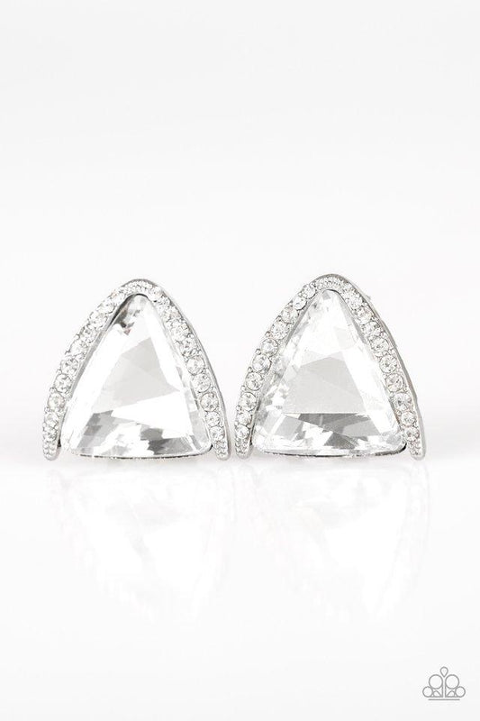 Featuring a regal triangular cut, an oversized white gem is nestled in an angled silver frame radiating with dainty white rhinestones for a glamorous look. Earring attaches to a standard post fitting.  Sold as one pair of post earrings.