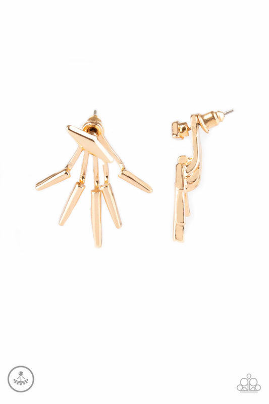 A gold diamond-shape frame attaches to a double-sided post, designed to fasten behind the ear. Radiating with matching gold frames, the double-sided post peeks out beneath the ear, creating an edgy fringe. Earring attaches to a standard post fitting.  Sold as one pair of double-sided post earrings.