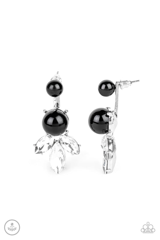 A solitaire black bead attaches to a double-sided post, designed to fasten behind the ear. Infused with an oversized black bead and white rhinestone fringe, the double sided-post peeks out beneath the ear for a glamorous finish. Earring attaches to a standard post fitting.  Sold as one pair of double-sided post earrings.
