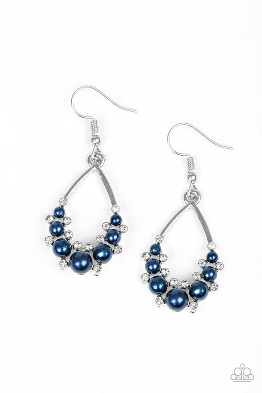 Dainty white rhinestones and pearly blue beads collect at the bottom of a silver teardrop frame for a glamorous look. Earring attaches to a standard fishhook fitting.  Sold as one pair of earrings