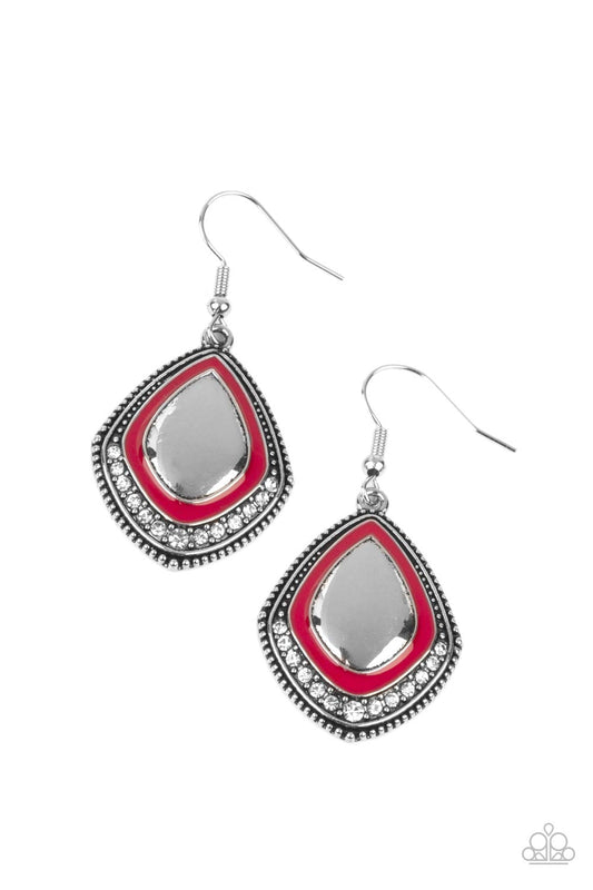 Painted in a fiery red accent, the bottom of a studded silver frame is bordered in a dainty row of white rhinestones for a fearless finish. Earring attaches to a standard fishhook fitting.  Sold as one pair of earrings.