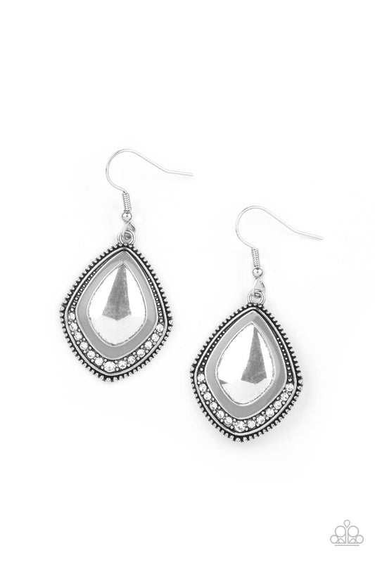 Painted in a shiny Ultimate Gray accent, the bottom of a studded silver frame is bordered in a dainty row of white rhinestones for a fearless finish. Earring attaches to a standard fishhook fitting.  Sold as one pair of earrings.