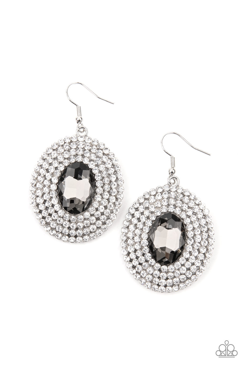 A smoky oval gem is pressed into the center of ring after ring of glassy white rhinestones, radiating out into a glamorously glittering centerpiece. Earring attaches to a standard fishhook fitting.  Sold as one pair of earrings.