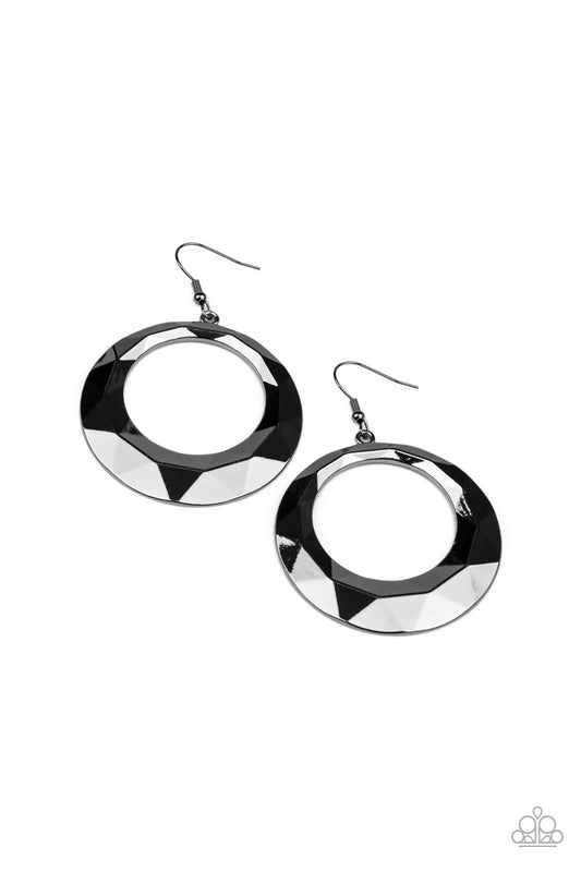 Faceted in light-reflecting textures, a beveled gunmetal hoop swings from the ear for an edgy shine. Earring attaches to a standard fishhook fitting.  Sold as one pair of earrings.