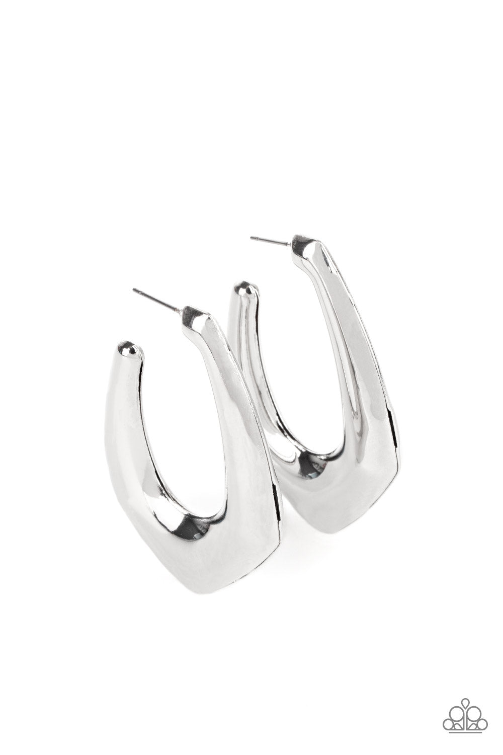 Two silver frames join into a beveled anchor shaped hoop, creating a bold pop of metallic shimmer. Earring attaches to a standard post fitting. Hoop measures approximately 1 1/4" in diameter.  Sold as one pair of hoop earrings.