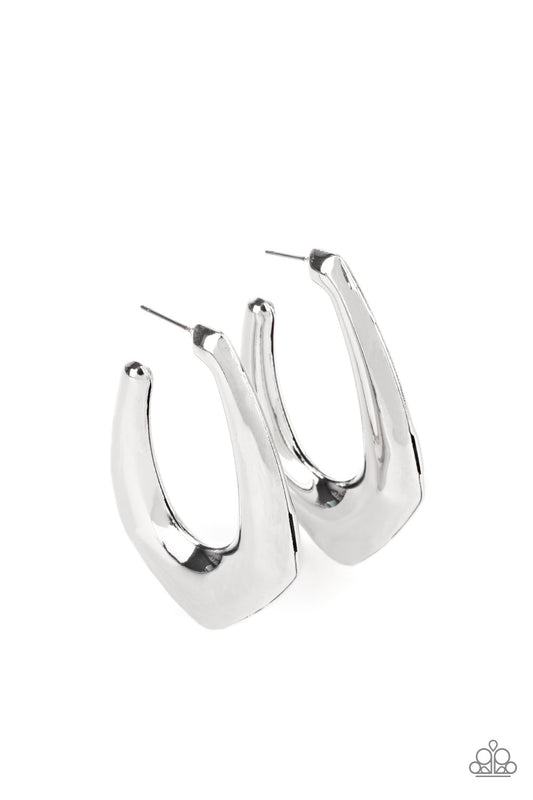 Two silver frames join into a beveled anchor shaped hoop, creating a bold pop of metallic shimmer. Earring attaches to a standard post fitting. Hoop measures approximately 1 1/4" in diameter.  Sold as one pair of hoop earrings.